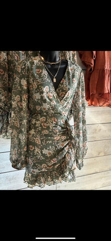 Floral Printed Ruffle Mini Dress in Green