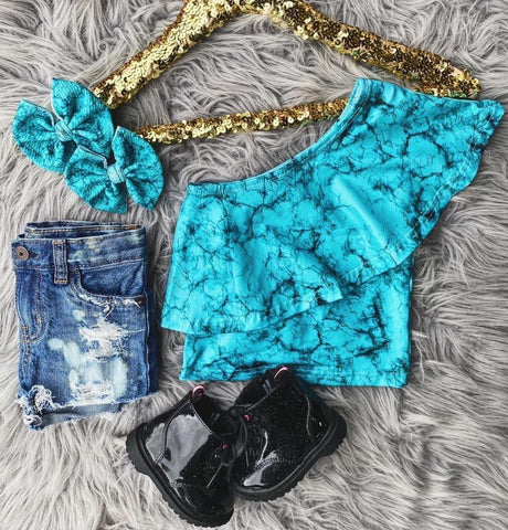 One shoulder KIDS turquoise top